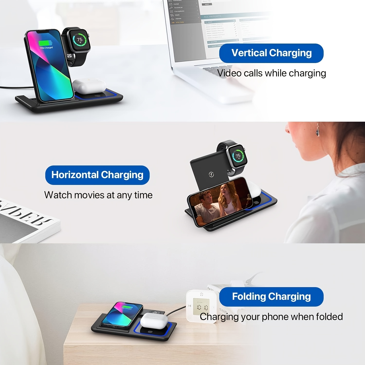 حامل شحن لاسلكي 3 في 1، قاعدة  - مراجعة Smartwatch Watches Compatible With Iphone وسعره